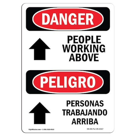 OSHA Danger Sign, People Working Above Bilingual, 7in X 5in Decal